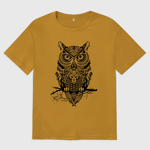 Мужская футболка оверсайз Черная сова в узорах / Горчичный – фото 1