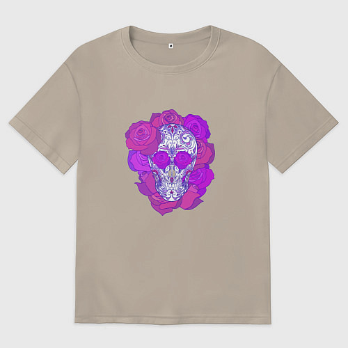 Мужская футболка оверсайз Сахарный череп в розах / Миндальный – фото 1