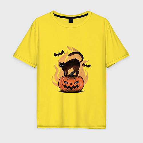 Мужская футболка оверсайз CAT ON A PUMPKIN / Желтый – фото 1