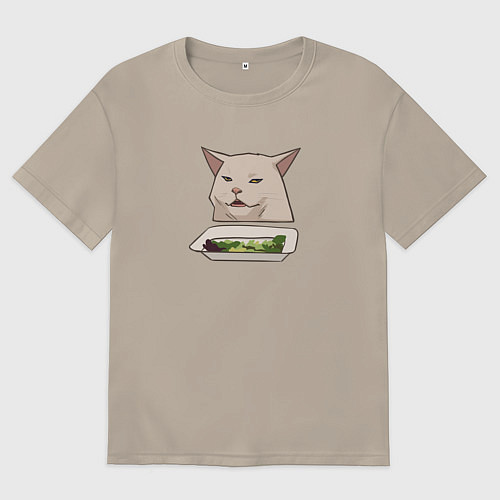 Мужская футболка оверсайз Кот с салатом из мема / Миндальный – фото 1