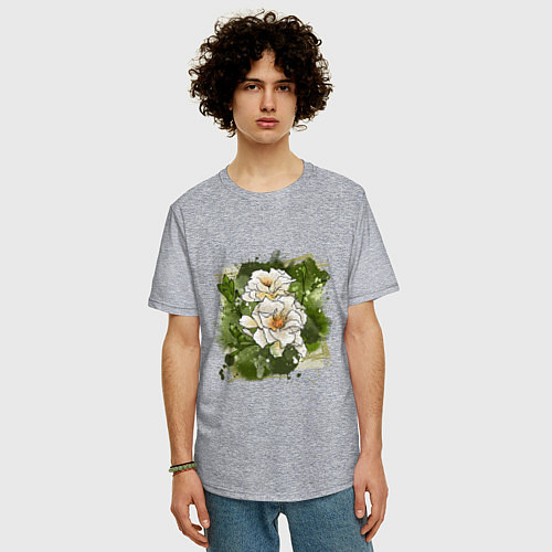 Мужская футболка оверсайз Нежные белые цветы на зелёном акварельном фоне / Меланж – фото 3