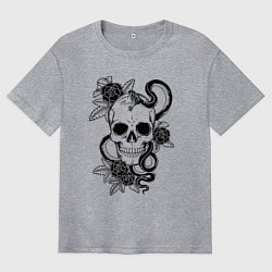 Мужская футболка оверсайз Чёрная мамба обвивает череп и розы