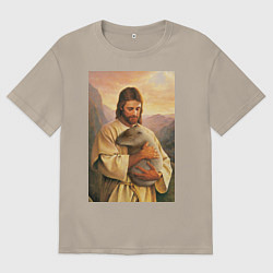 Футболка оверсайз мужская Иисус и капибара, цвет: миндальный