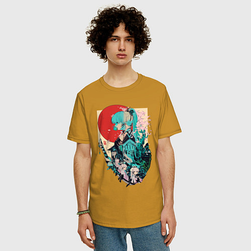 Мужская футболка оверсайз Аяка самурай - Геншин Импакт / Горчичный – фото 3