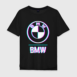Футболка оверсайз мужская Значок BMW в стиле glitch, цвет: черный