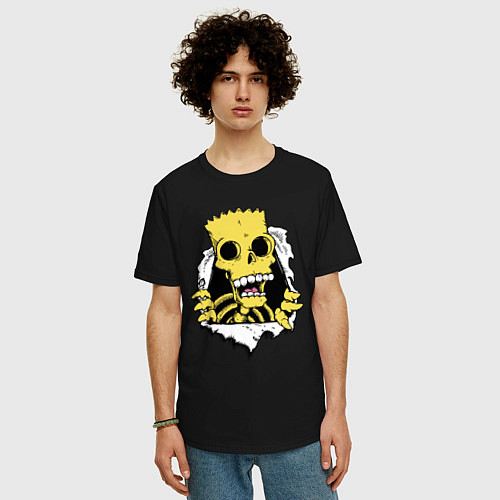 Мужская футболка оверсайз Скелет Барта Симпсона разрывает ткань / Черный – фото 3