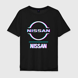 Футболка оверсайз мужская Значок Nissan в стиле glitch, цвет: черный