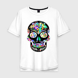 Мужская футболка оверсайз Чёрный мексиканский череп с разноцветными цветами