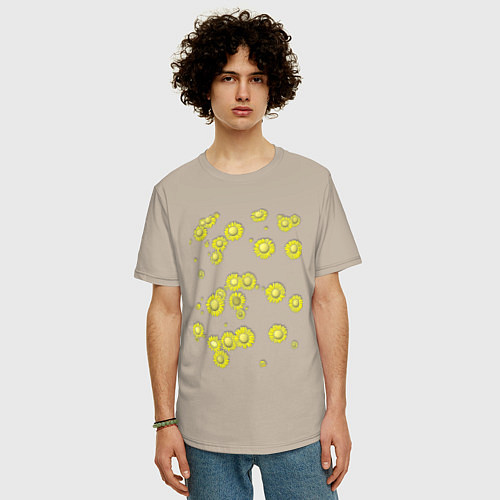 Мужская футболка оверсайз Желтые цветы Ромашки Подсолнухи Подарок садоводу / Миндальный – фото 3