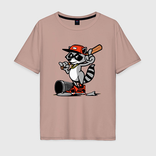 Мужская футболка оверсайз Крутой енот с бейсбольной битой / Пыльно-розовый – фото 1