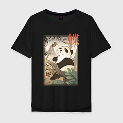 Футболка оверсайз мужская Панда и бабочка - Японская гравюра Укиё Э, цвет: черный