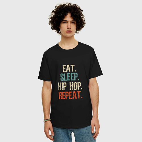 Мужская футболка оверсайз Еда, сон, хип-хоп / Черный – фото 3