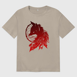 Футболка оверсайз мужская Ловец снов и лис с перьями, цвет: миндальный