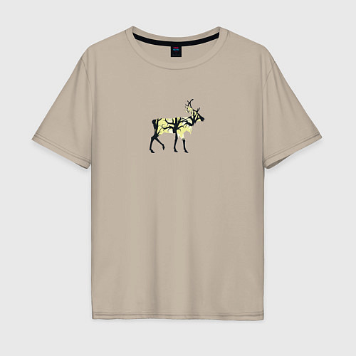 Мужская футболка оверсайз Силуэт оленя с деревьями и полной луной / Миндальный – фото 1