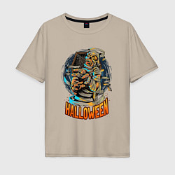 Мужская футболка оверсайз Хэллоуин - мумия на фоне гроба