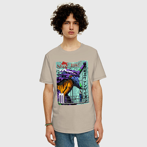 Мужская футболка оверсайз EVA 01 Poster - Evangelion / Миндальный – фото 3