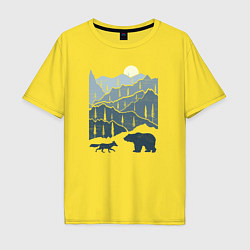 Мужская футболка оверсайз Лиса и медведь в горах