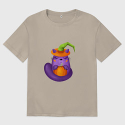 Футболка оверсайз мужская Кот с тыквой на Хеллоуин, цвет: миндальный