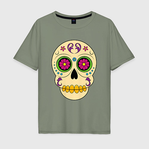 Мужская футболка оверсайз Череп с цветами, кругами и линиями / Авокадо – фото 1