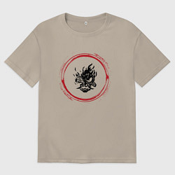 Футболка оверсайз мужская Символ Cyberpunk 2077 и красная краска вокруг, цвет: миндальный