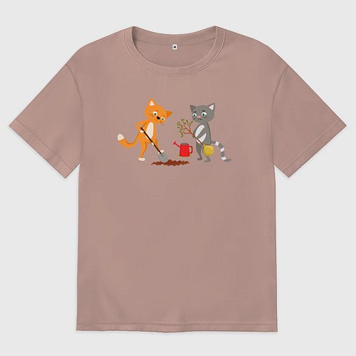 Мужская футболка оверсайз Кошечки сажают дерево / Пыльно-розовый – фото 1