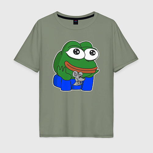 Мужская футболка оверсайз Лягушонок Пепе с мышкой внимательно слушает / Авокадо – фото 1