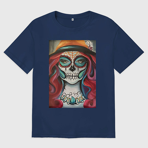 Мужская футболка оверсайз Santa muerte картина в цвете / Тёмно-синий – фото 1