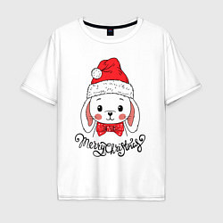 Мужская футболка оверсайз Merry Christmas, cute rabbit in Santa hat