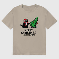 Футболка оверсайз мужская Кот роняет новогоднюю ёлку, цвет: миндальный