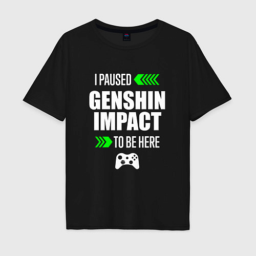 Мужская футболка оверсайз I paused Genshin Impact to be here с зелеными стре / Черный – фото 1