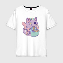 Мужская футболка оверсайз Kawaii жуткий кот и рамен