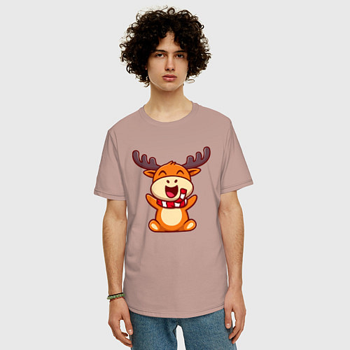 Мужская футболка оверсайз Рождественский олень чибик / Пыльно-розовый – фото 3