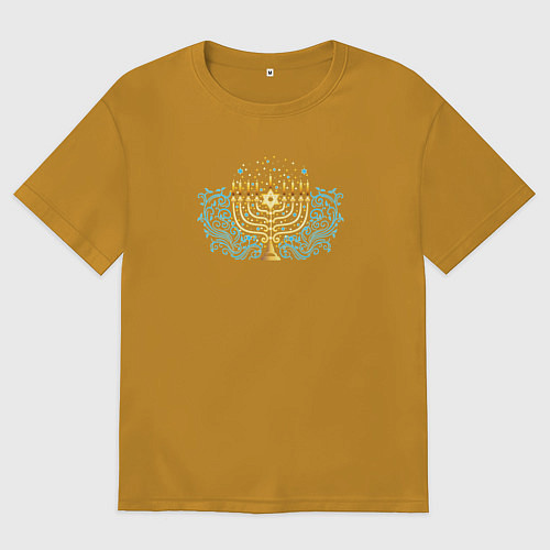 Мужская футболка оверсайз Золотая менора с синим цветочным узором / Горчичный – фото 1