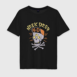 Футболка оверсайз мужская Neck Deep band панк рок - череп в кепке, цвет: черный