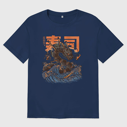 Мужская футболка оверсайз Суши дракон Канагавы / Тёмно-синий – фото 1
