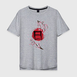Футболка оверсайз мужская Цветущая сакура и красный круг с японским иероглиф, цвет: меланж