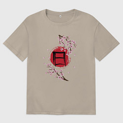 Мужская футболка оверсайз Цветущая сакура и красный круг с японским иероглиф