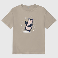 Футболка оверсайз мужская Пингвин в снежинках, цвет: миндальный