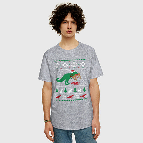 Мужская футболка оверсайз Новогодний тирекс - ugly sweater / Меланж – фото 3