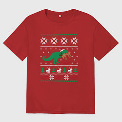 Мужская футболка оверсайз Новогодний тирекс - ugly sweater