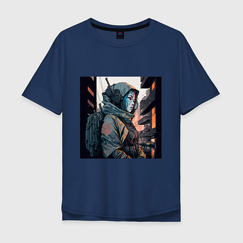 Мужская футболка оверсайз Cyberpunk samurai Japan girl / Тёмно-синий – фото 1