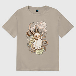 Футболка оверсайз мужская Кролик в пионах, цвет: миндальный