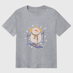 Футболка оверсайз мужская Снеговик лыжник, цвет: меланж