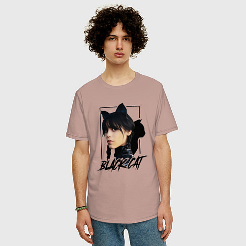Мужская футболка оверсайз Wednesday Black cat / Пыльно-розовый – фото 3