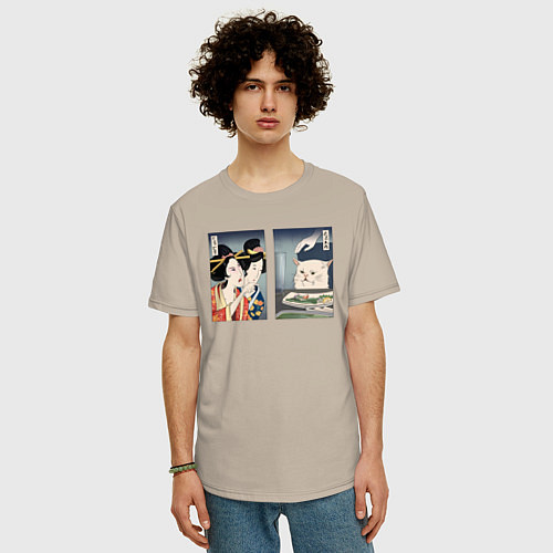 Мужская футболка оверсайз Мем в японском стиле / Миндальный – фото 3