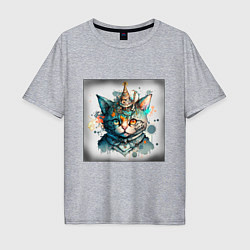 Футболка оверсайз мужская Абстрактный акварельный кот с колпаком и брызгами, цвет: меланж