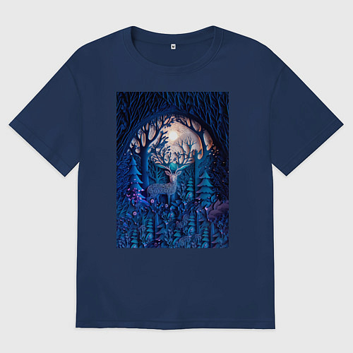 Мужская футболка оверсайз Объемная иллюстрация из бумаги лес и олень на сине / Тёмно-синий – фото 1