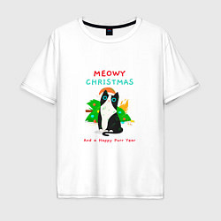 Футболка оверсайз мужская Meowy christmas and a happy purr year holiday, цвет: белый