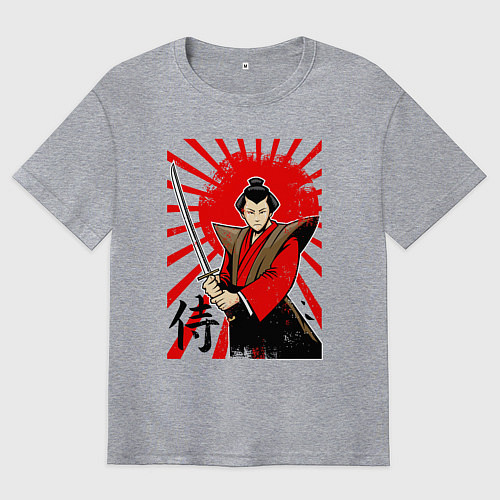 Мужская футболка оверсайз Самурай с мечом на фоне флага / Меланж – фото 1