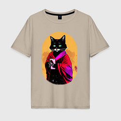 Мужская футболка оверсайз Бомбейская черная кошка с телефоном в лапках